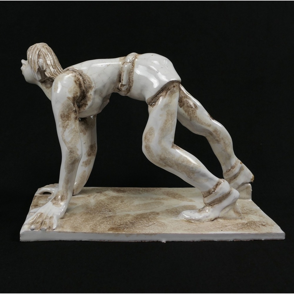 VTG MCM Handmade Italian Ceramic Male Runner Sculpture Crackle Glaze Italy 300/0